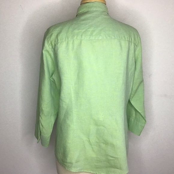 LL Bean 100% linen sherbet  green 3/4 sleeve button up pointed collar shirt Med - Picture 5 of 10